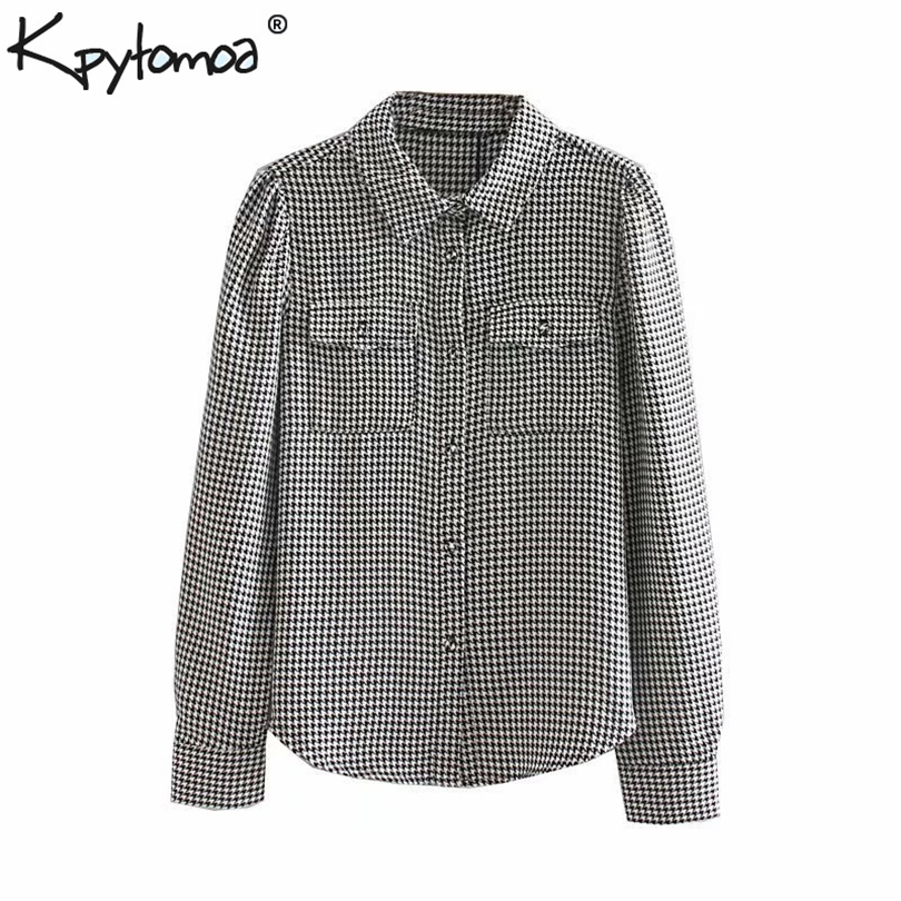Vintage Elegant Office Lady Houndstooth Blouses Women 2020 Fashion Long Sleeve Pockets Plaid Shirts Blusas Mujer Chic Tops T200321