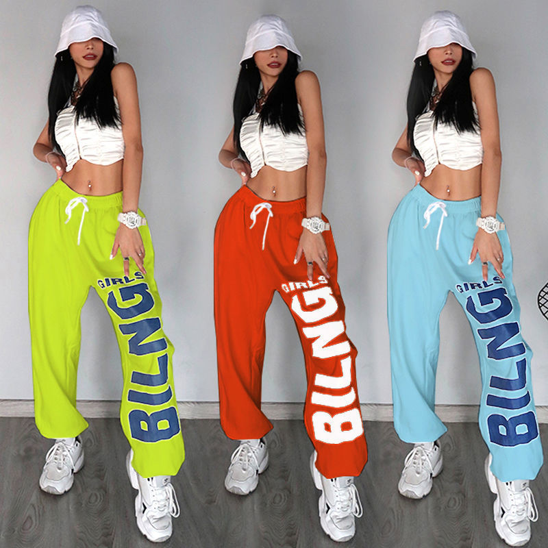 American retro letter print trouser's sports hip-hop trend casual pants dance jazz performance loose 220325