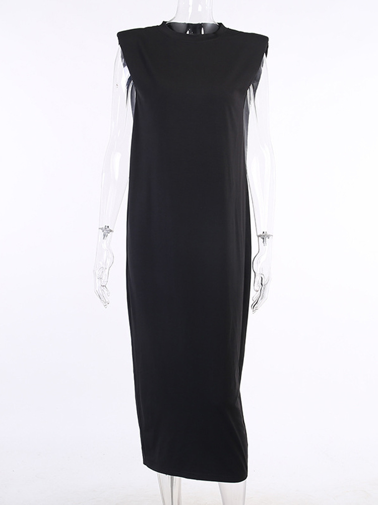 Viifaa Sleeveless Shoulder Pad Casual Black Elegant Long Dress Streetwear Women Loose Robe Split Back Summer Midi Dresses 220426