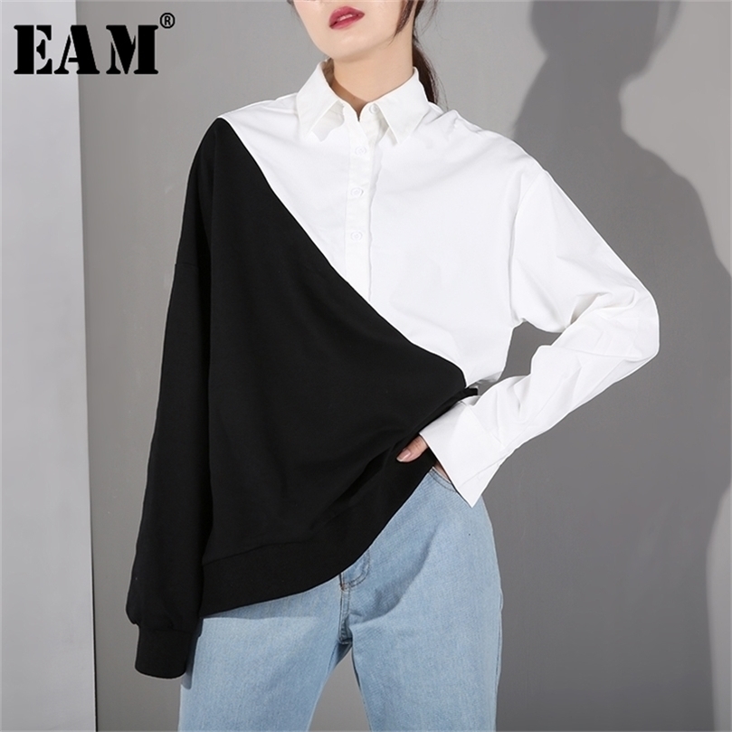 EAM Loose Fit Black Contrast Color Irregular Sweatshirt Lapel Long Sleeve Women Big Size Fashion Spring JC319 201126