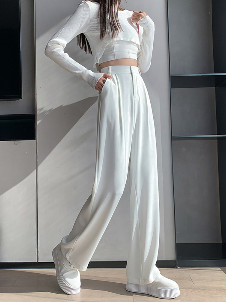 Casual High Waist Loose Wide Leg Pants for Women Spring Autumn Female Floor-Length White Suits Ladies Long Trousers 220325