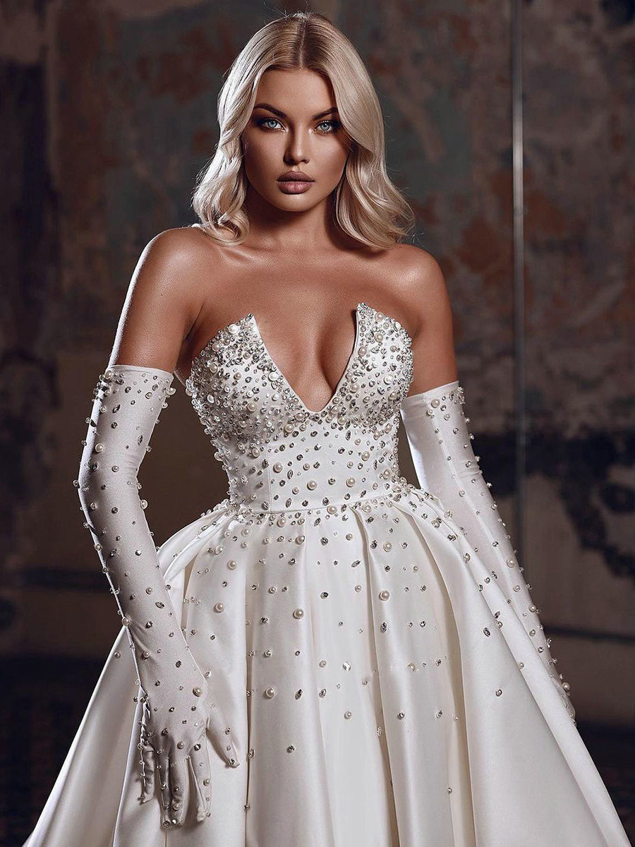 Charming Strapless Wedding Ball Dress Beading Crystal Saudi Arabic Bridal Gown Pearls Satin Dubai Dress Vestido De Novia