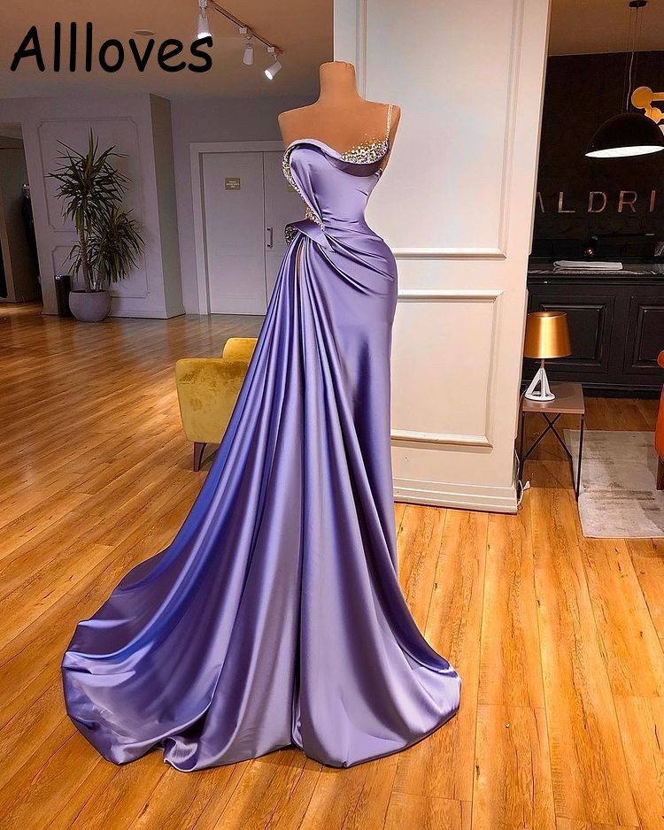 Satin Silk Sparkle Crystals Prom Dresses Elegant Sheer Neck Ruched Beads Mermaid Evening Party Gowns Sexy High Slit Sweep Train Formal Wear Robe De So