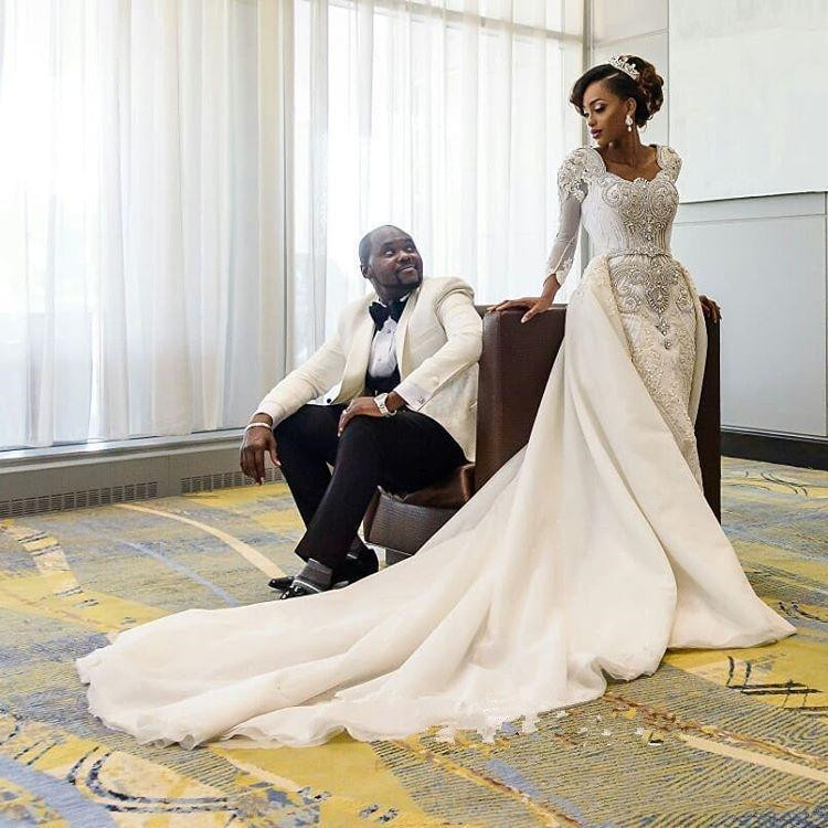 Arabic Aso Ebi Luxury Mermaid Wedding Dresses with Detachable Train 2022 Crystal Diamons Lace African Long Sleeve Bridal Gowns Plus Size