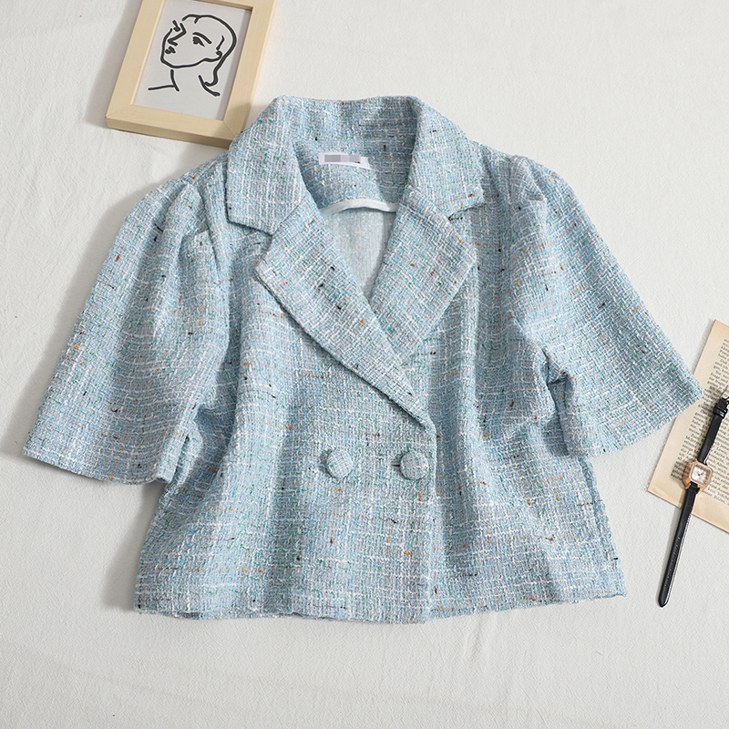 Temperament Allmatch Small Fragrant T Short Coat Jacket Women Lapel Doublebreasted Shortsleeved Crop Top Summer 220611