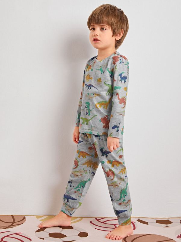Toddler Boys Dinosaur Print Top & Pants PJ Set SHE