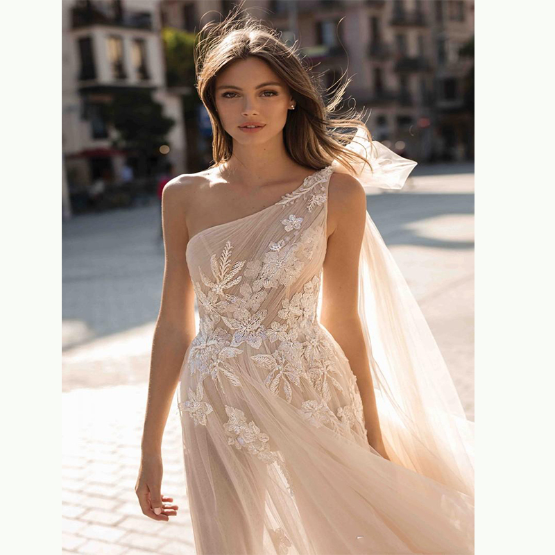 Sexy A-line Wedding Dresses Deep Bateau Neck Sleeveless One Shoulder Chiffon Lace High Waist Appliques Sequins Floor Length Boho Bridal Dress Bohemian