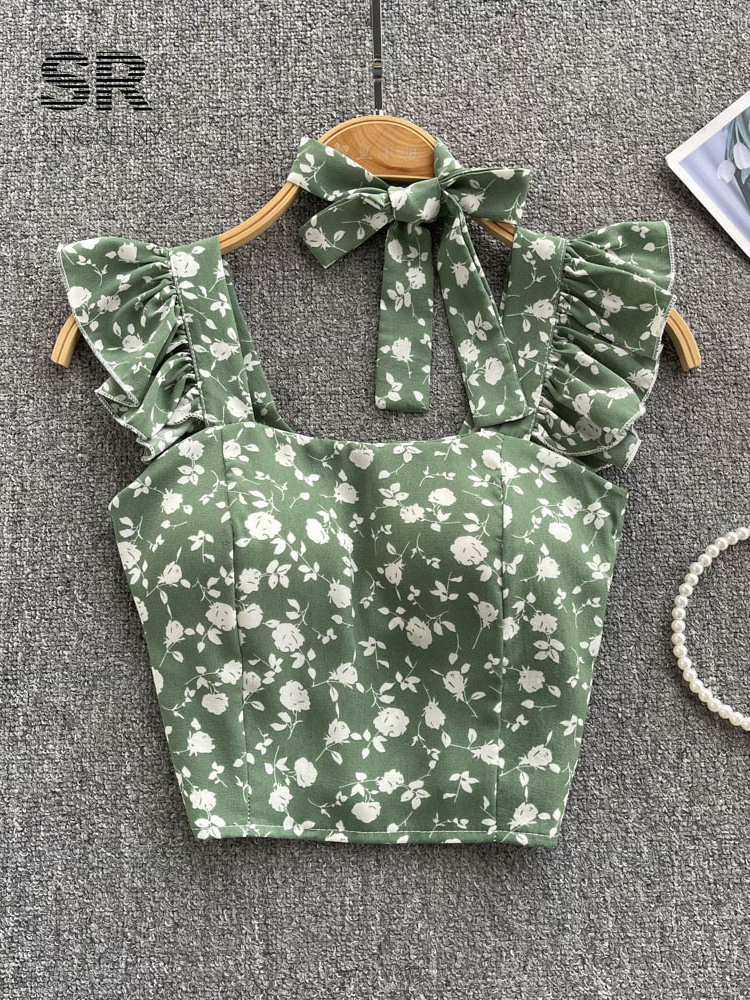 SINGREINY Summer Floral Strap Tops Women Square Neck Bow Ruffles Short Camisole Fashion Korean Flower Ladies Elastic Waist Top 220325