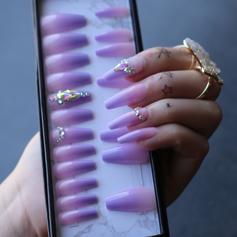 Middle length Coffin Lovely Ombre Violet Acrylic nails crystal Art False nalis Tips Press on nails Cute Custom private label box 220725