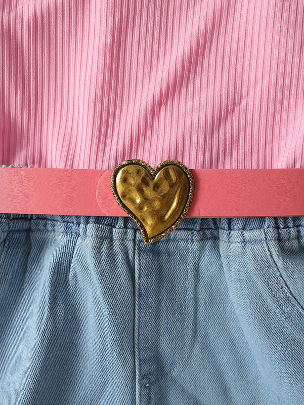 Toddler Girls Asymmetrical Neck Top & Raw Trim Belted Denim Shorts SHE