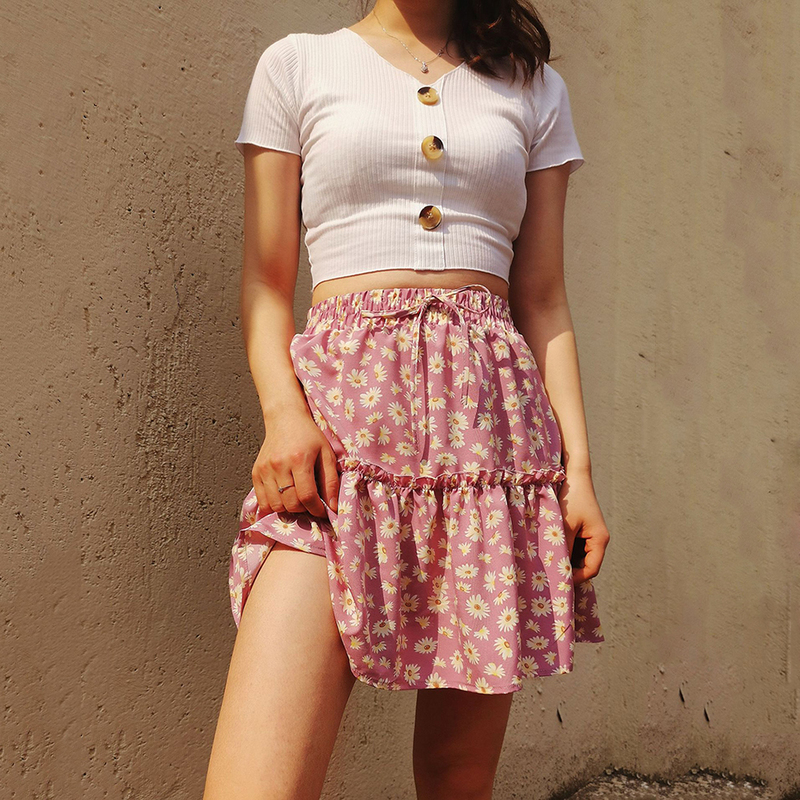 Summer Floral Print Boho Mini Skirt Women Sexy Bandage High Waist Frills Short Skirt Female Pleated Skirts 220611
