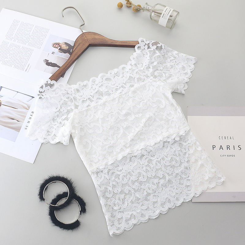 1piece Wommen Sexy Lace Off Shoulder Crop Tops With Bra Short Sleeve Bare Crochet Top Female Cotton T Shirt 220714