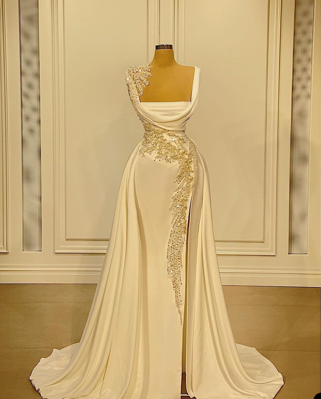 Exquisite Women Mermaid Evening Dresses Fashion Crystal Pearl Ivory Satin Custom Made High Split Party Gowns
