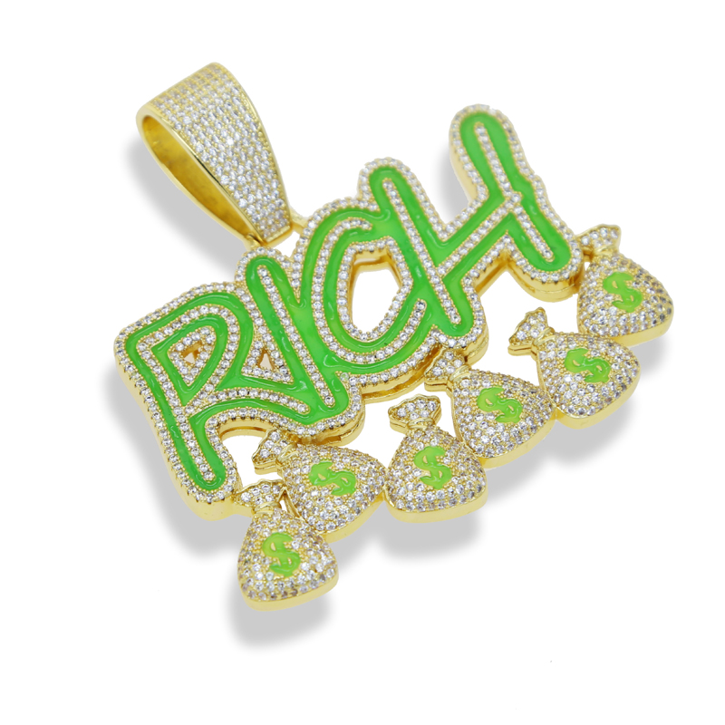 Iced out new style Letter Rich pendant paved full cubic zircon plated gold silver enamel green Glowing hip hop necklace for men boy us $ dollar shape 