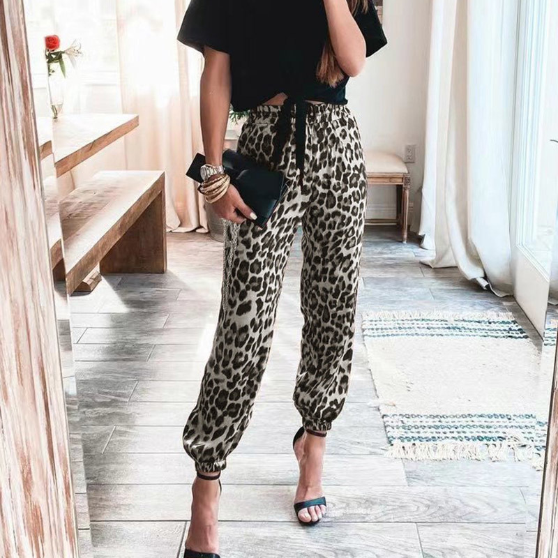 Fashion Spring Leopard Printed Street Long Pants Summer Solid Satin Trouser Retro Elastic Mid-Waist Slim Sweatpants 220325