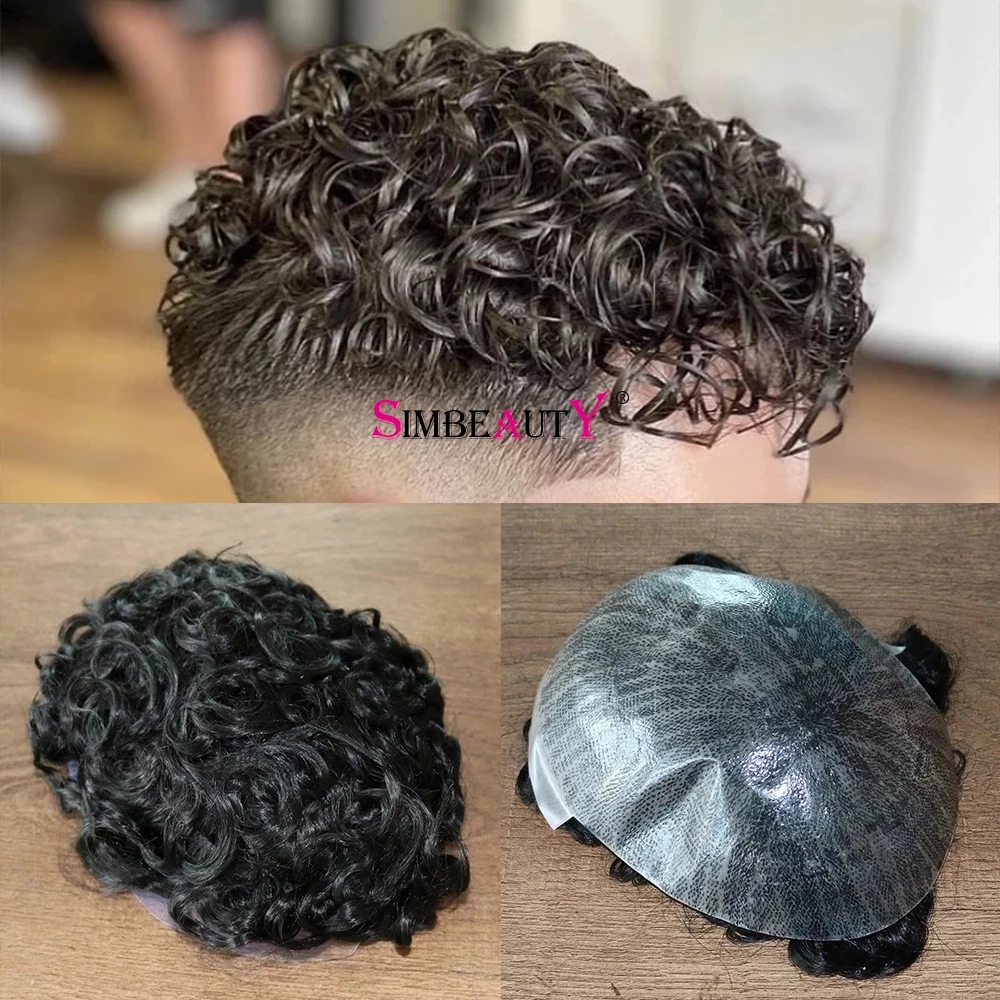 20MM Curly Durable Skin Base Brown Men's Wig Real Human Hair Toupee Replacement System #1B Color 8x10inch