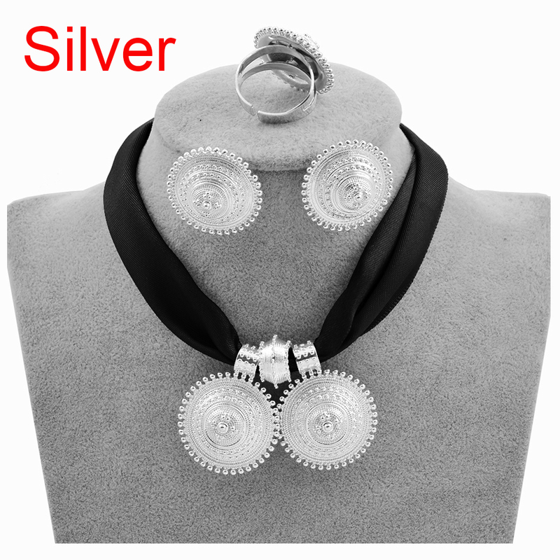 Anniyo DIY Rope Chain Ethiopian Jewelry Set Gold Color Eritrea Ethnic Style Habesha Pendant Earrings Ring #217106 220418