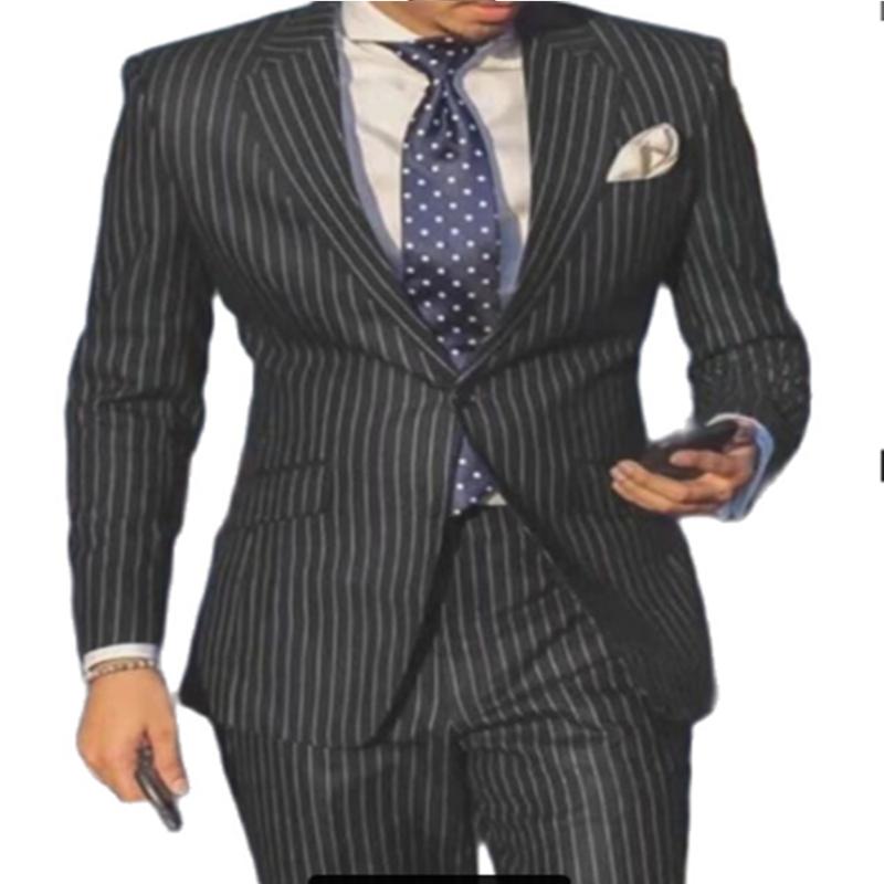Men's Suits & Blazers Navy Blue 2 Piece Slim Fit Business Men Suit Stripe Groom Wedding Tuxedo Custom Skinny Prom SuitMen's, Black