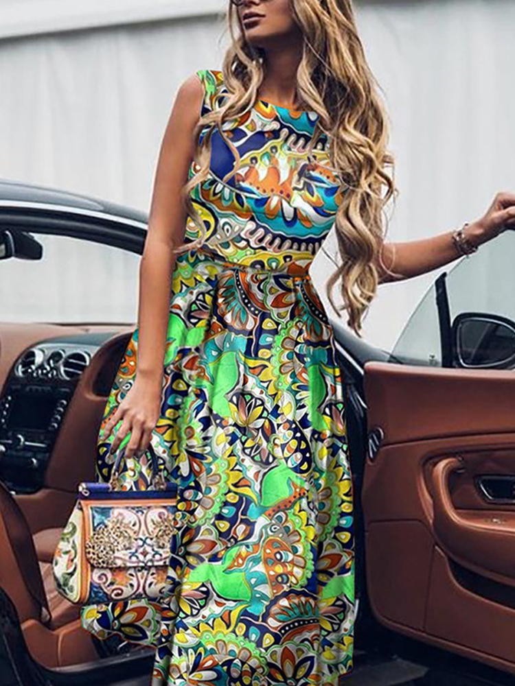 Summer Women Sundress Bohemian Floral Print Beach Maxi Dress Vintage O Neck Sleeveless Loose A Line Lady Street Holiday Dress 220516