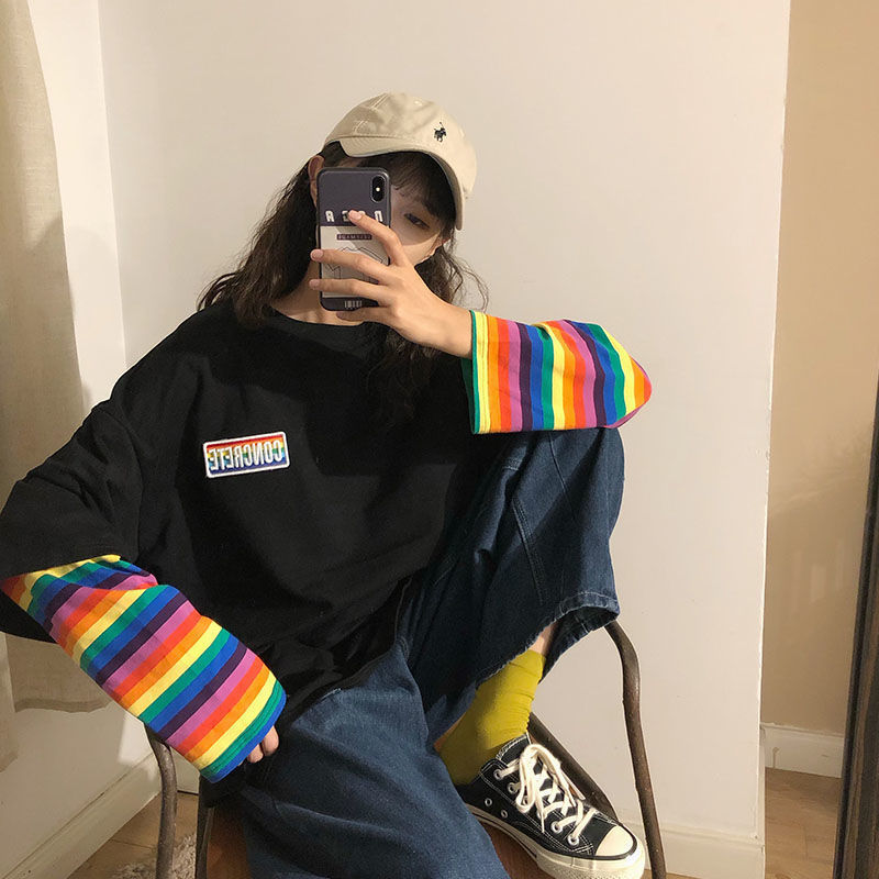 Y2k rainbow stripe fake twopiece goth longsleeved Kawaii tshirt female ins grunge vintage Oversized tshirt Woman clothes 220615, 10
Y2k rainbow stripe fake twopiece goth longsleeved Kawaii tshirt female ins grunge vintage Oversized tshirt Woman clothes 220615, 10