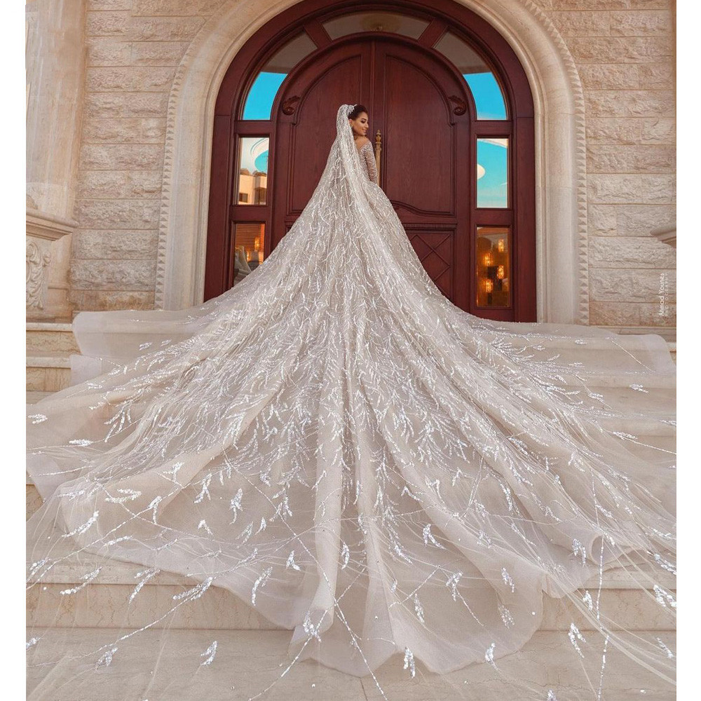 Princess Shiny Ball Gown Wedding Dresses Deep V Neck Long Sleeve Lace Appliques Sequins or Length Train Ruffles Plus Size Robe De Mariee Custom Made