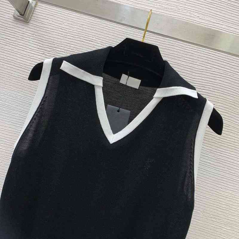 Women's Tanks & Camis New summer cool breathable thin fine yarn fabric chest embroidery contrast polo collar sweater