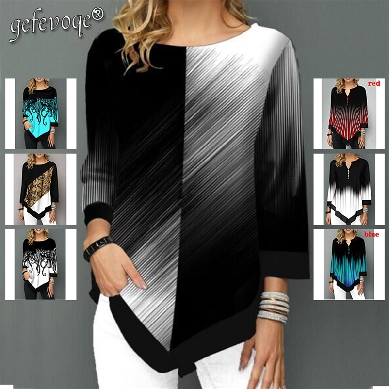 Summer 3 4 Sleeve Printed T Shirts Fashion Casual Clothes for Women Oversize Irregular Pullovers Tops Elegantes Loose Tee 220714