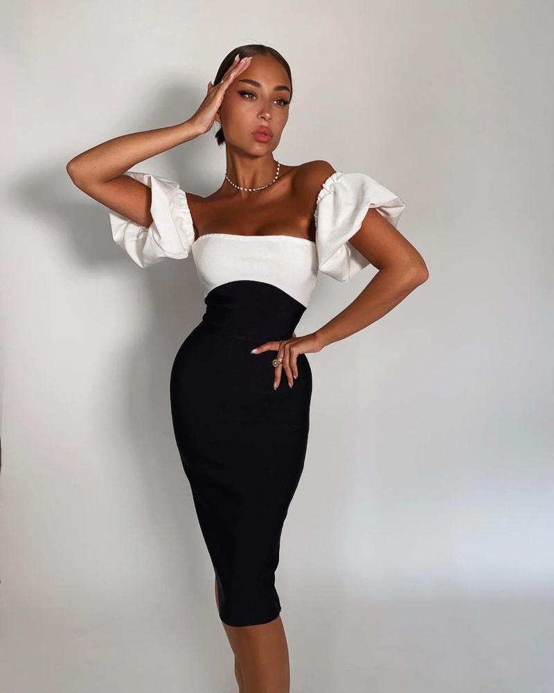 Party Dresses 2022 Women Bandage Dress Elegant Off Shoulder Ruffle Lantern Short Sleeve Patchwork Split Bodycon Vestidos Sexy, Black white
Party Dresses 2022 Women Bandage Dress Elegant Off Shoulder Ruffle Lantern Short Sleeve Patchwork Split Bodycon Vestidos Sexy, Black white