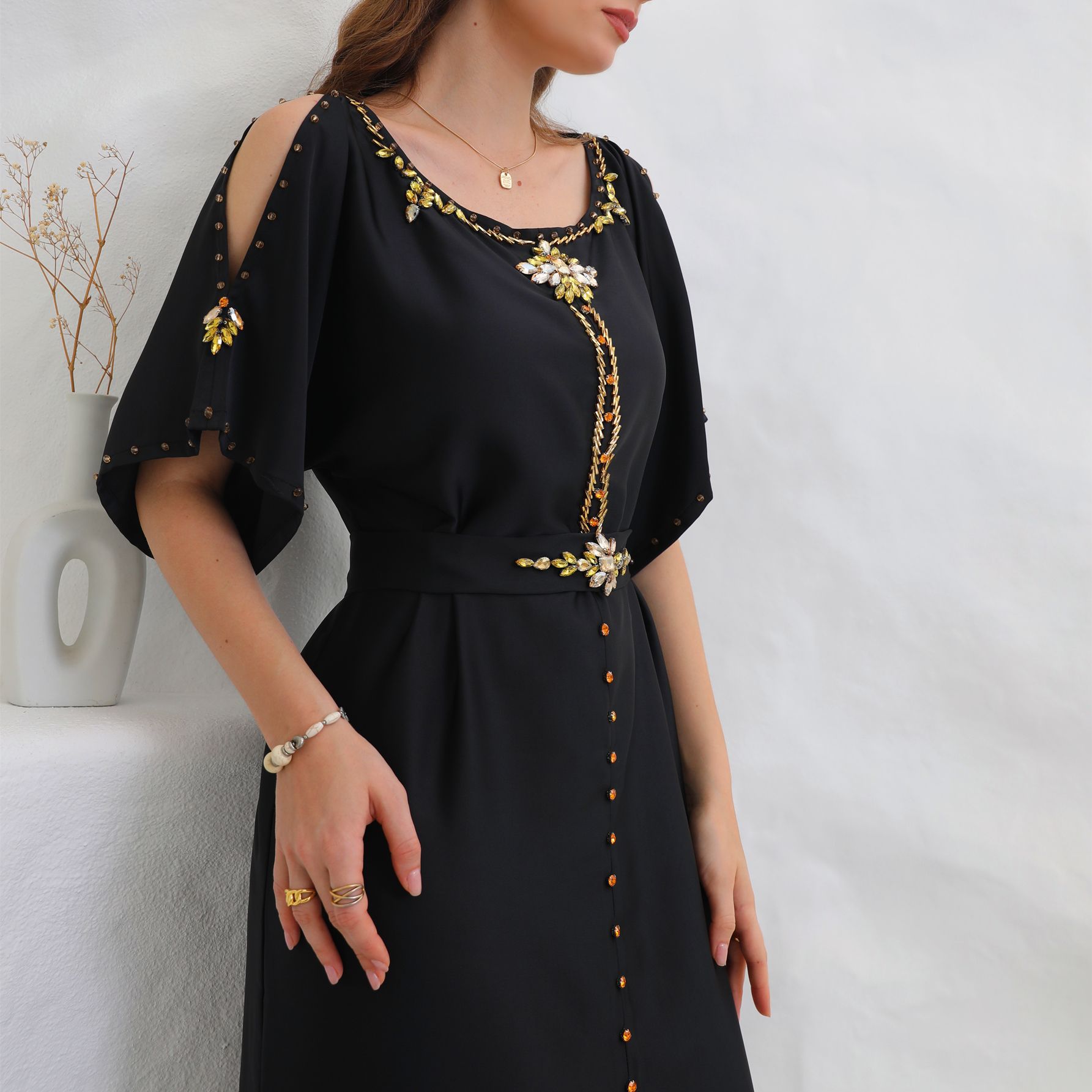 Sexy Green Teal Blue Arabci Evening Dress 2022 With Crystal Off The Shoulder Short Sleeve Kaftan Prom Dresses Abaya Morrocan Formal Dinner Party Wear 