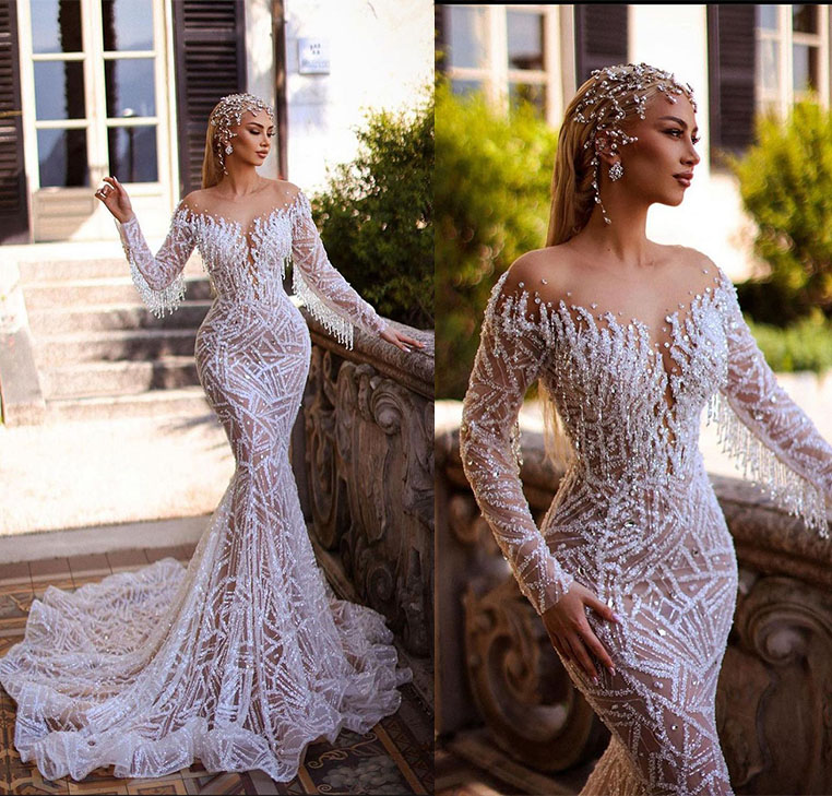 Luxury Shiny Mermaid Wedding Dress Beads Lace Sequins Tassel Full Sleeve Bridal Gown Crystal Floor Length Robe Custom Made