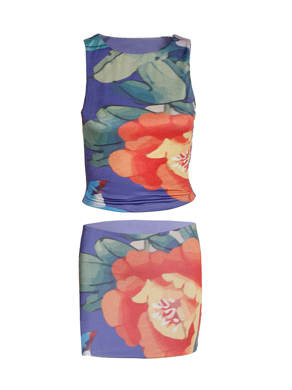 Summer Two Piece Sets Women Vintage Flower Casual Skirt Outfit Sleeveless Crop Tops Bodycon Mini Skirts Female 2Pcs Sets 220602
