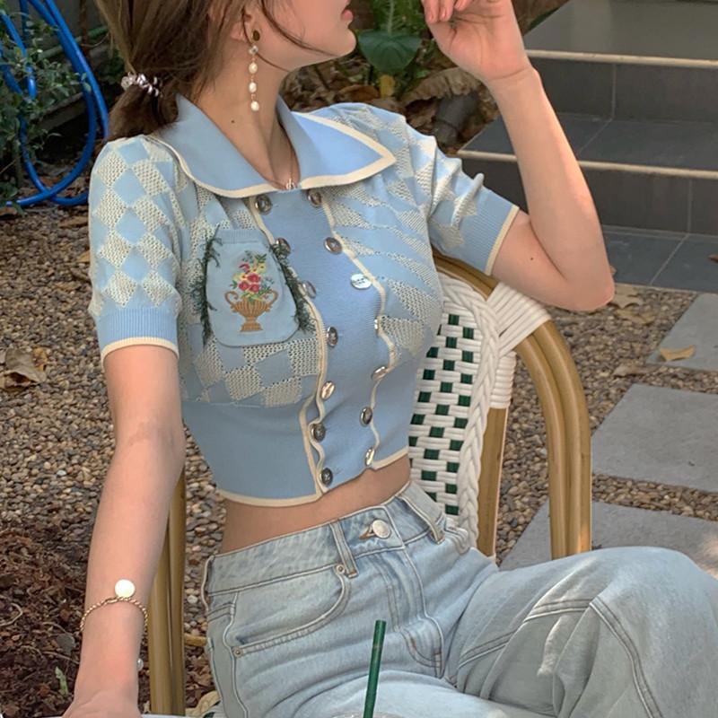 Women' T-Shirt Women Crop Top Short Cardigan 2022 Summer Double-breasted Geometric Pick Hole Lapel Embroidery Pocket High Waist Sweater Shi, Sky blue
Women' T-Shirt Women Crop Top Short Cardigan 2022 Summer Double-breasted Geometric Pick Hole Lapel Embroidery Pocket High Waist Sweater Shi, Sky blue