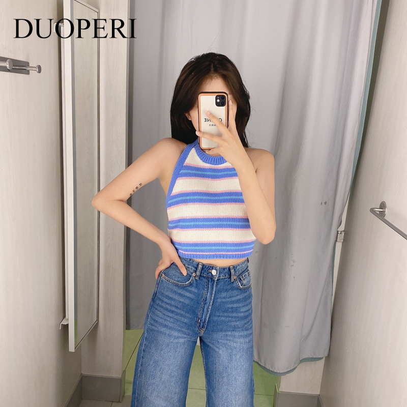Summer Women Striped Tops Bow Lace Up Halter Backless Chic Lady Fashion Sexy Woman Clothes 220316
