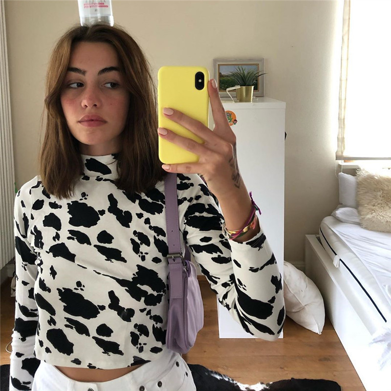 Sexy Women Milk Cow Pattern Print Crop Top Female Long Sleeve Slim Fit Holiday Fashion Casual Short T Shirt Streetwear 220714