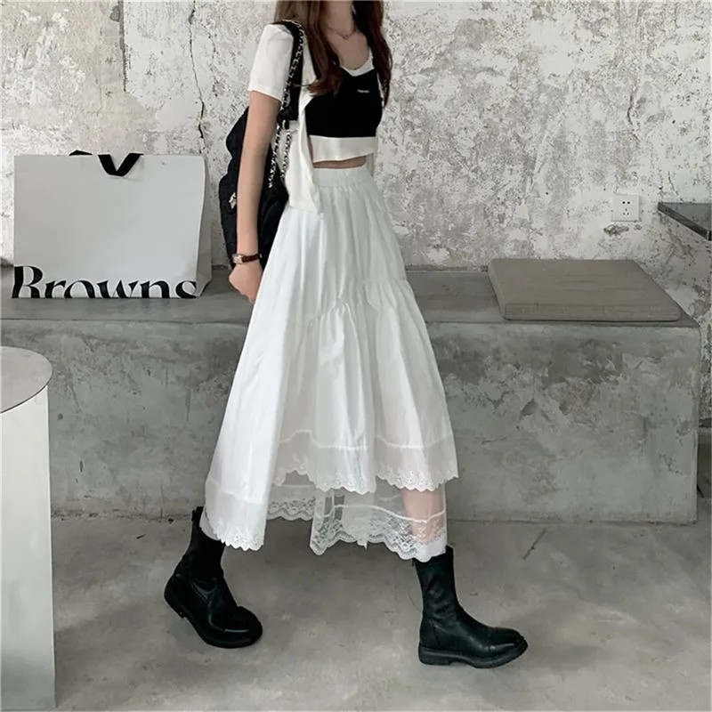 Black Gothic Lace Stitching Irregular Pleated Skirt Women White Vintage High Waist Long Korean Solid Hip Hop Streetwear 220322