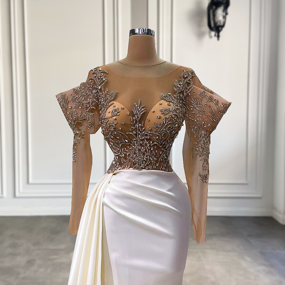 Luxury Evening Dresses Sheer Long Sleeve High Slit Sparkly Beaded Crystals White Satin Women Dubai Formal 2022 Special Occasion Dresses