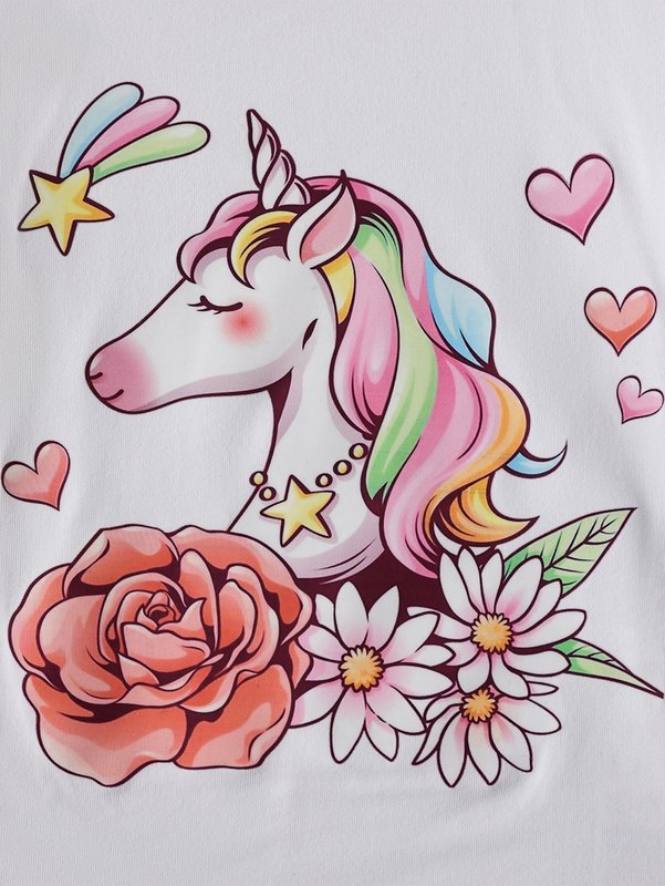 Toddler Girls Floral & Unicorn Print Tee & Ruffle Trim Pinafore Skirt SHE