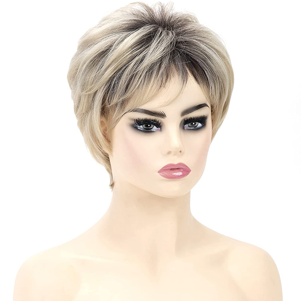 Short Ombre Sliver Gray Pixie Cut Wig Dark Root Straight Layered Synthetic Hair for Black White Women