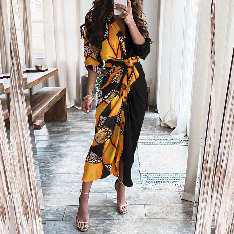Casual Dresses 2022 Summer Women Fashion Long Sleeve V Neck Drawstring Maxi Dress Leaf Pattern Print Tied Detail Ruched Shirt