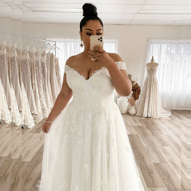 V Neck Plus Size Wedding Dresses 2022 Off The Shoulder Lace Applique Tulle Backless Bridal Gowns Custom Made Robe De Mariée