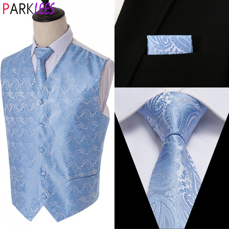 Men's Sky Blue Paisley Floral Jacquard Dress Vest & Necktie & Square Wedding Groom Party Dinner Dress Vest Men Gilet Homme 220725
