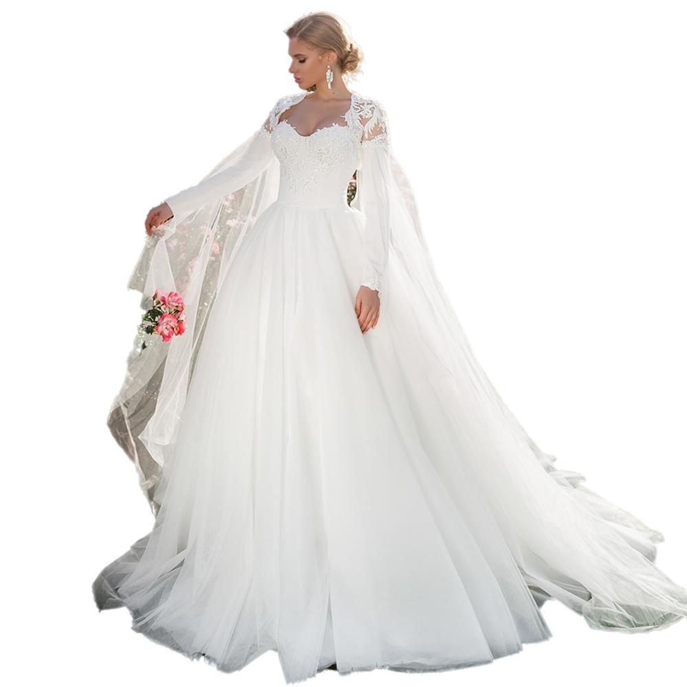 Country beach Wedding Dress Long Sleeve With cape Shawl Robe De Mariee Sweetheart pastrol Garden Bride Dresses with Lace Applique