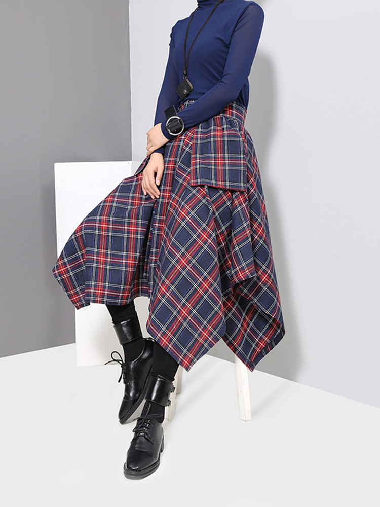 EAM Spring High Waist Red Plaid Split Joitn Loose Big Hem Halfbody Skirt Women Fashion Allmatch JD402 220701