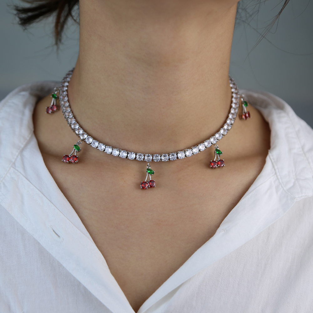 Promotion summer new cute cherry charm necklace clear cz tennis chain choker women necklace 32+10cm