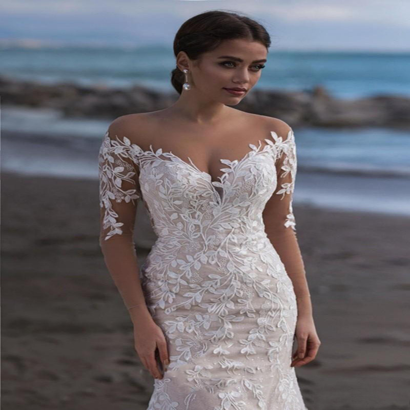 2022 Beach Lace Long Sleeves Mermaid Wedding Dresses Appliqued Sweep Train Plus Size Wedding Dress Bridal Gowns vestido de novia Brautkleider