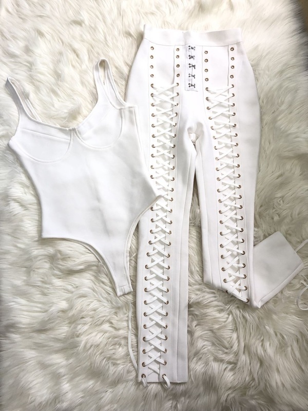 Women Top Quality Black White 2 Pieces Set Side Criss Cross Rayon Bandage Full Length Party Fashion 220315