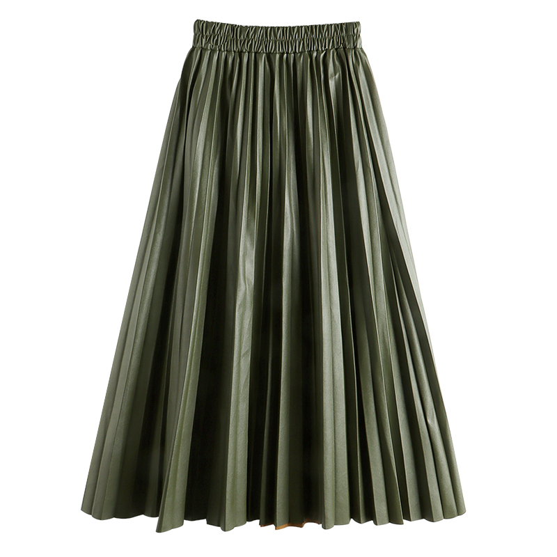 Seoulish Autumn Winter Faux PU Leather Pleated Long Skirts for Women High Waist All-match Umbrella Chic Female 220317