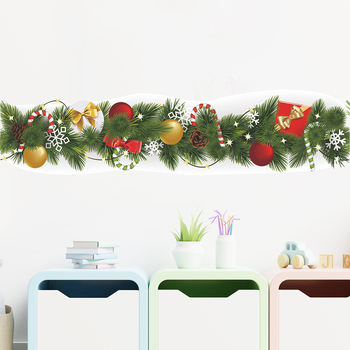 Christmas Pine Branch Waist Line Wall Stickers Living Room Skirting Decoration New Year Wallpaper Home Decor Baseboard Stickers