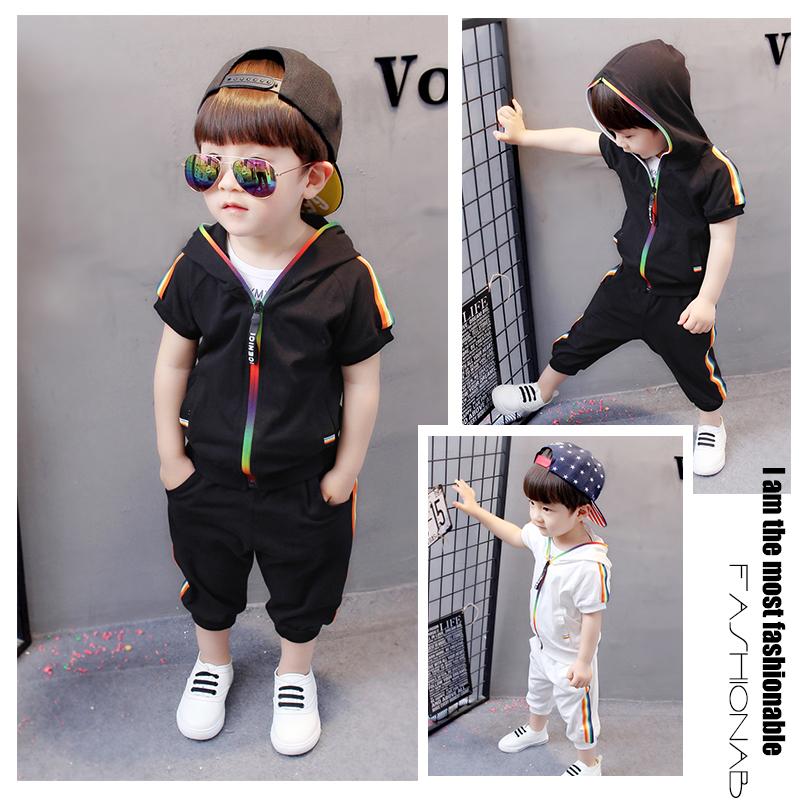 Kid Boy Girl Clothes Sportswear Summer Fashion Short Sleeve Colorful Zipper Hooded Clothing For Girls Children Outfit Set 220425