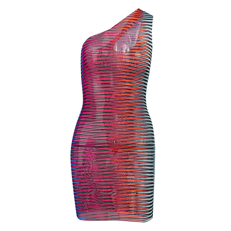 WannaThis Stripe Hollow Out Mini Dress Women Sleeveless Bodycon Green One Shoulder Sexy Party Vestidos Women Green Dresses 220607
